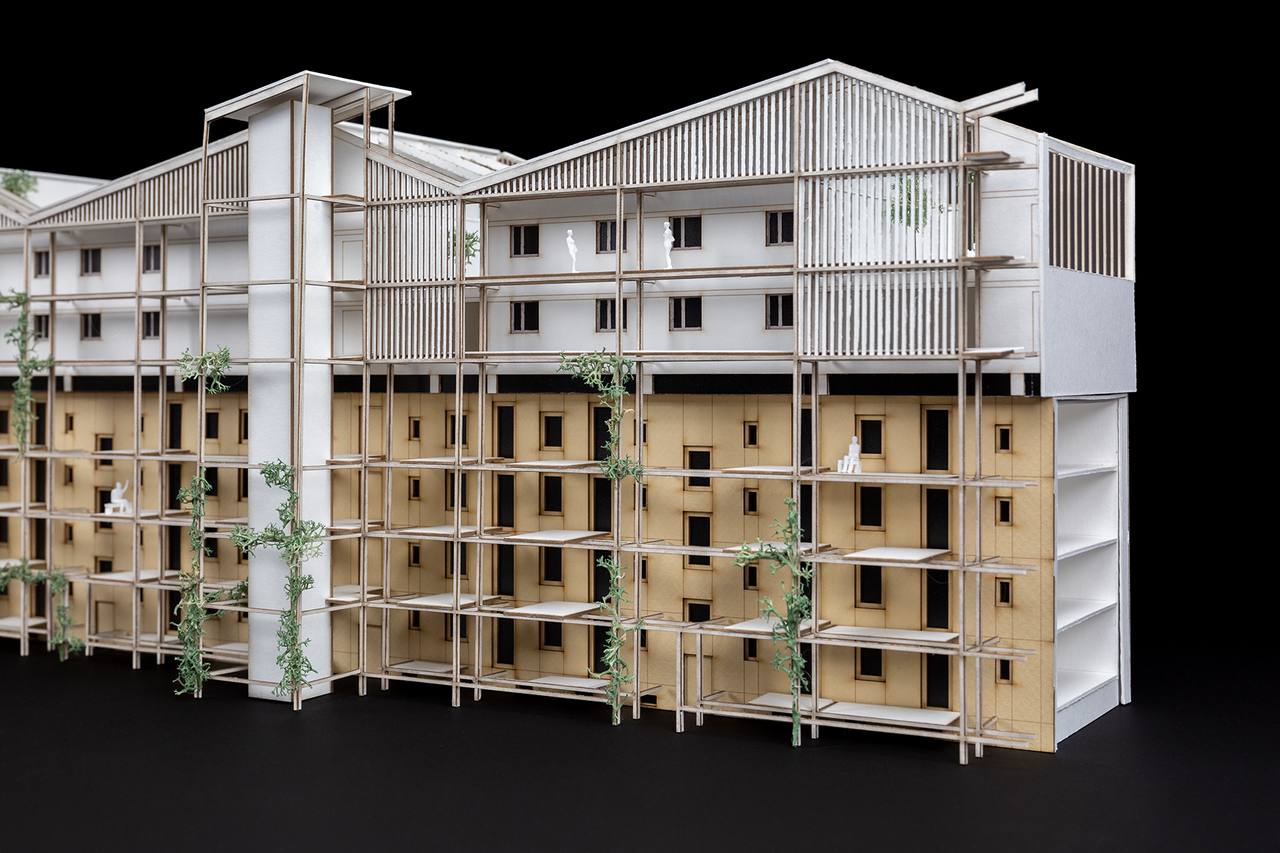 architectural model with the existing building and the addition of storeys 