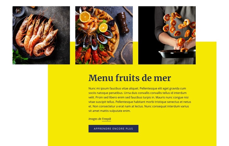 Menu fruits de mer Page de destination