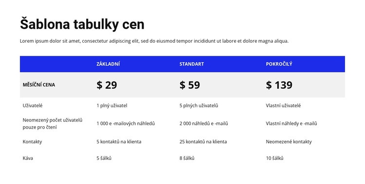 Cenová tabulka s barevným záhlavím Šablona CSS