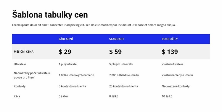 Cenová tabulka s barevným záhlavím Šablona webové stránky