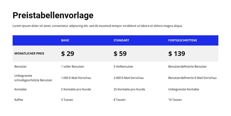 Preistabelle mit farbigem Header HTML-Vorlage