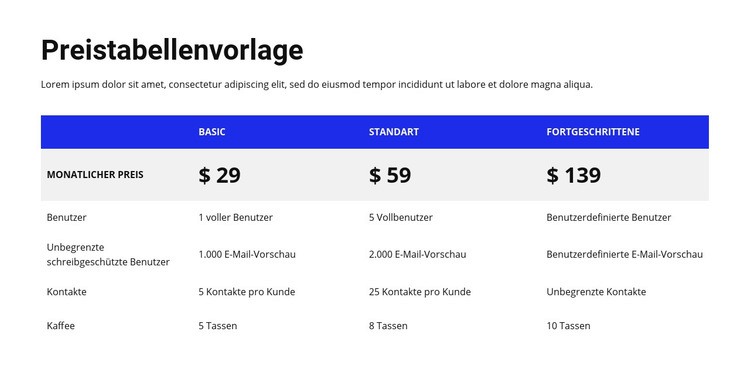 Preistabelle mit farbigem Header Website-Modell
