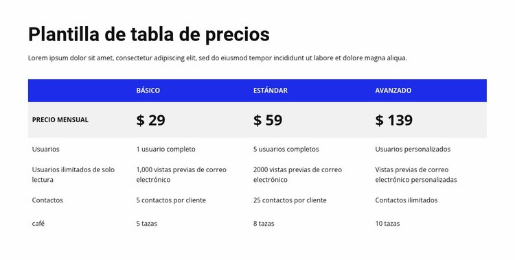 Tabla de precios con encabezado de color Diseño de páginas web