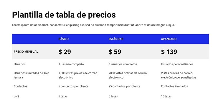 Tabla de precios con encabezado de color Maqueta de sitio web