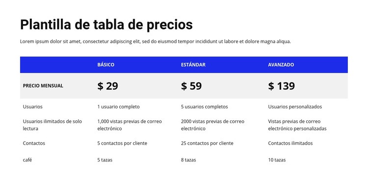 Tabla de precios con encabezado de color Página de destino