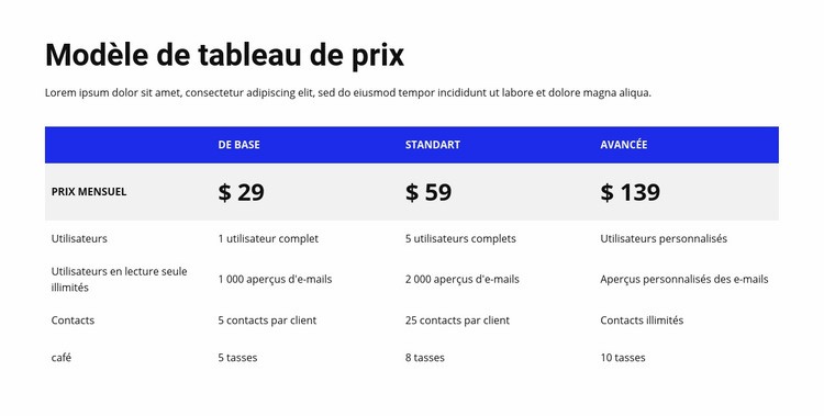 Tableau de prix avec en-tête coloré Conception de site Web