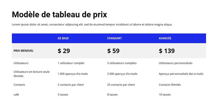 Tableau de prix avec en-tête coloré Créateur de site Web HTML