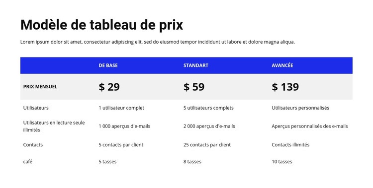 Tableau de prix avec en-tête coloré Maquette de site Web