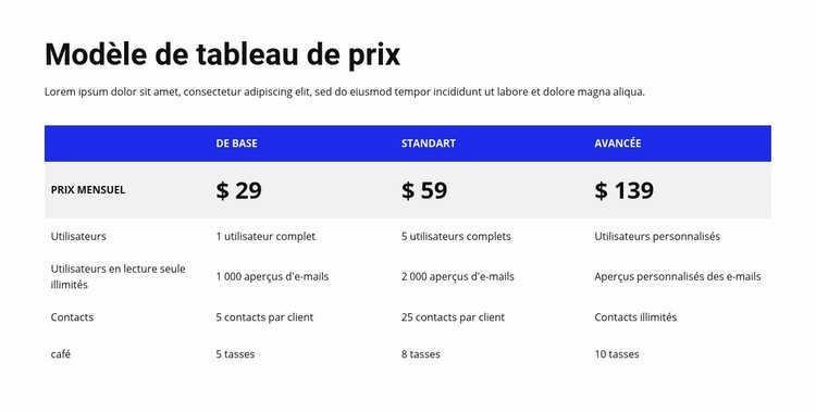 Tableau de prix avec en-tête coloré Modèle HTML5