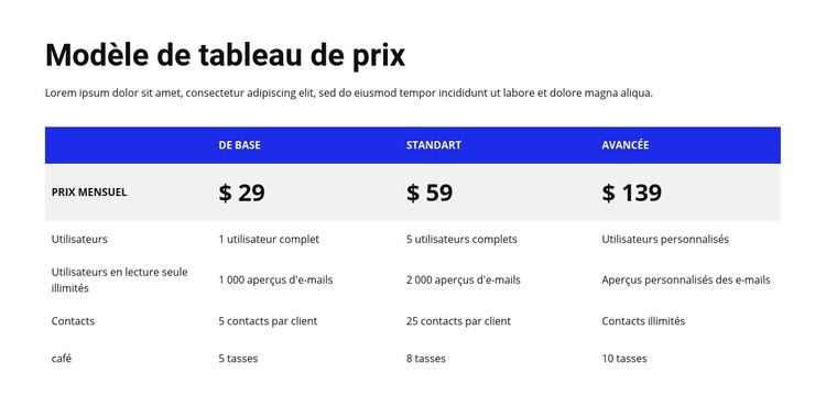 Tableau de prix avec en-tête coloré Modèle de site Web