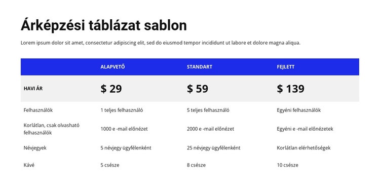 Árképzési táblázat színes fejléccel CSS sablon