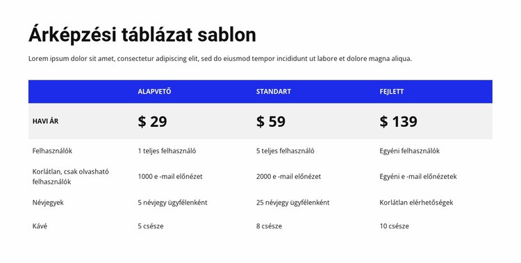 Árképzési táblázat színes fejléccel HTML Sablon