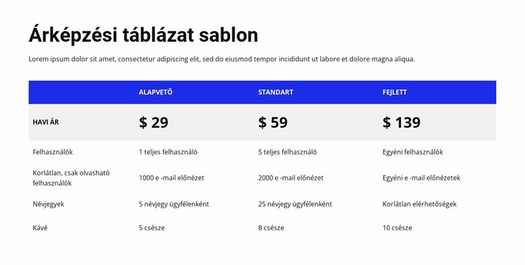 Árképzési táblázat színes fejléccel Sablon