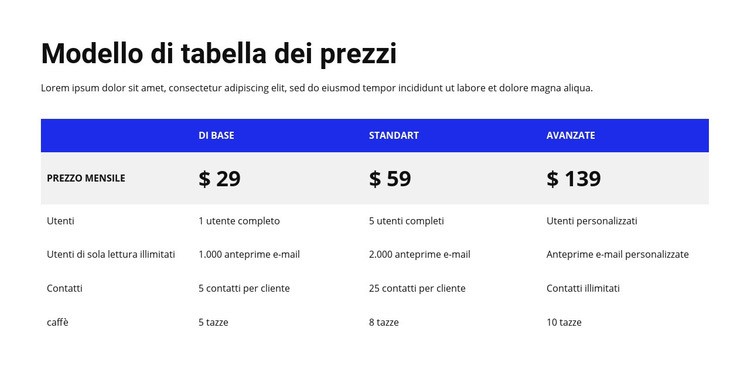 Tabella dei prezzi con intestazione colorata Modelli di Website Builder