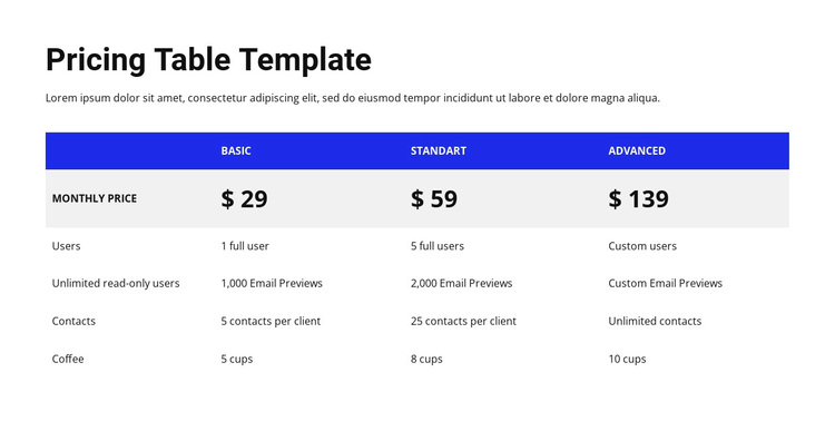 Pricing table with colored header Joomla Page Builder