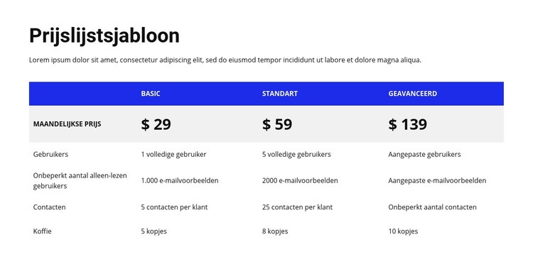 Prijstabel met gekleurde kop HTML5-sjabloon