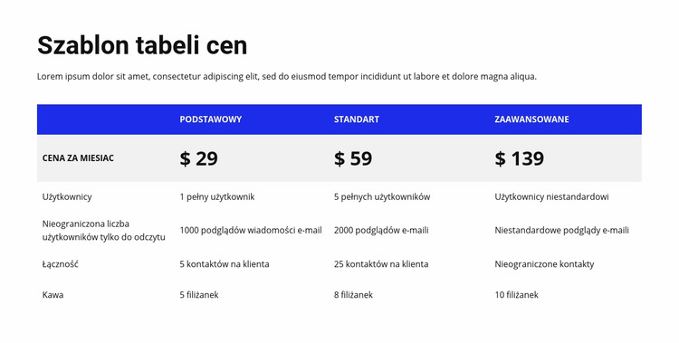 Tabela cen z kolorowym nagłówkiem Szablon Joomla