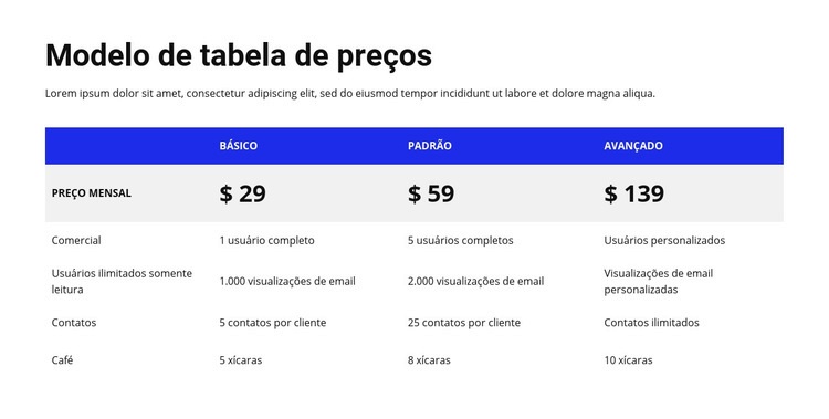 Tabela de preços com cabeçalho colorido Design do site