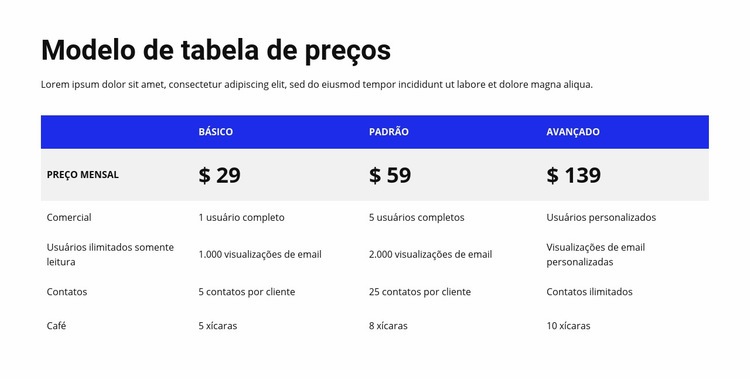 Tabela de preços com cabeçalho colorido Maquete do site