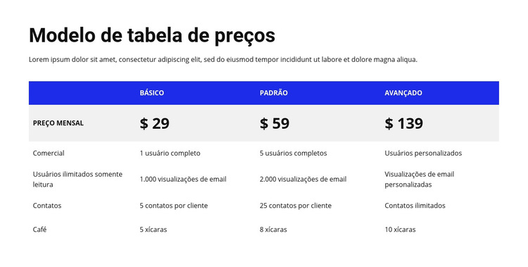Tabela de preços com cabeçalho colorido Modelo de site