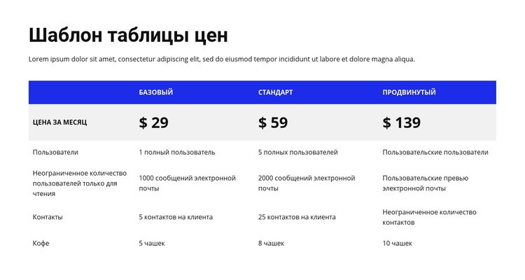 Таблица цен с цветным заголовком Шаблоны конструктора веб-сайтов