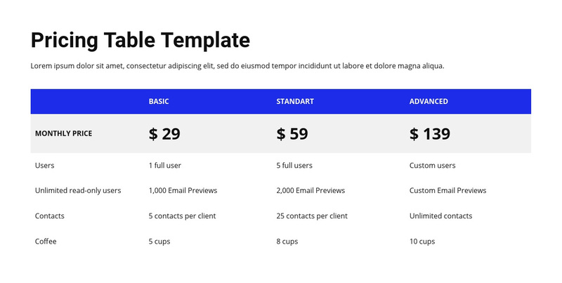 Pricing table with colored header Squarespace Template Alternative