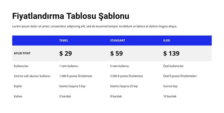 Renkli başlıklı fiyat tablosu HTML5 Şablonu