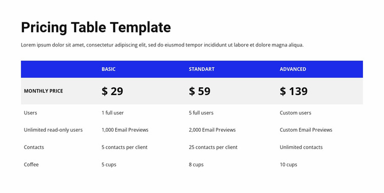 Pricing table with colored header Website Builder Templates
