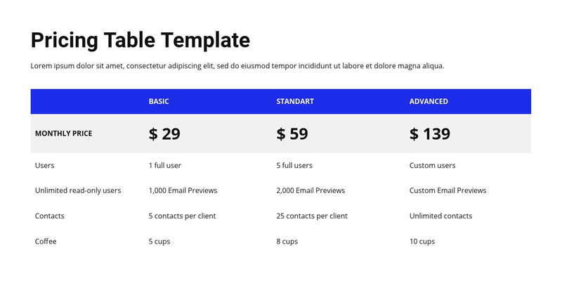 Pricing table with colored header Wix Template Alternative