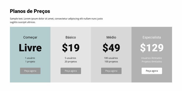 Plano de preços para negócios Design do site