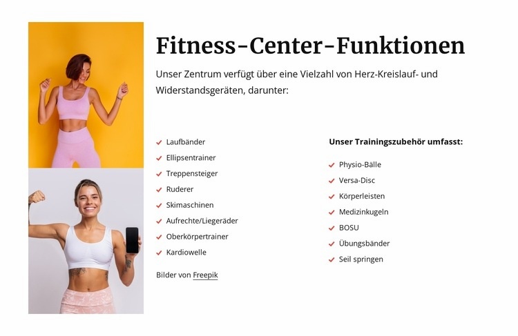 Fitness-Center-Funktionen Landing Page