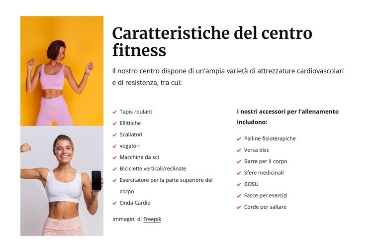 Caratteristiche del centro fitness Mockup del sito web
