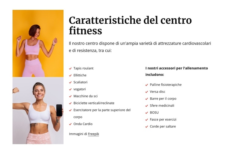 Caratteristiche del centro fitness Modello di sito Web