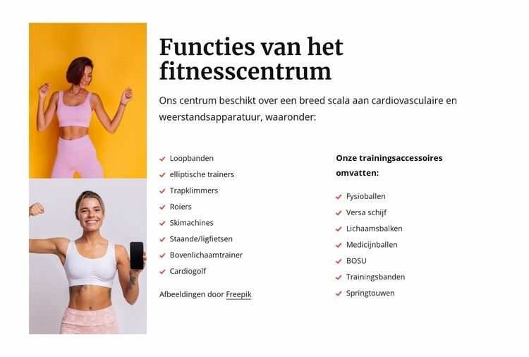 Functies van het fitnesscentrum Website mockup