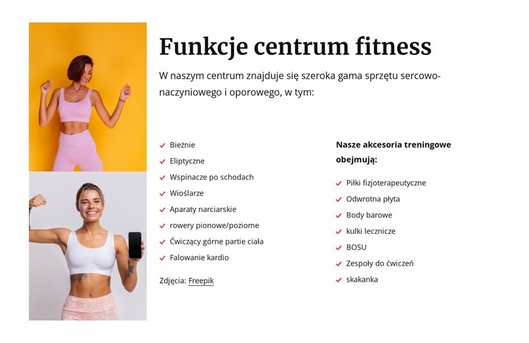 Funkcje centrum fitness Makieta strony internetowej