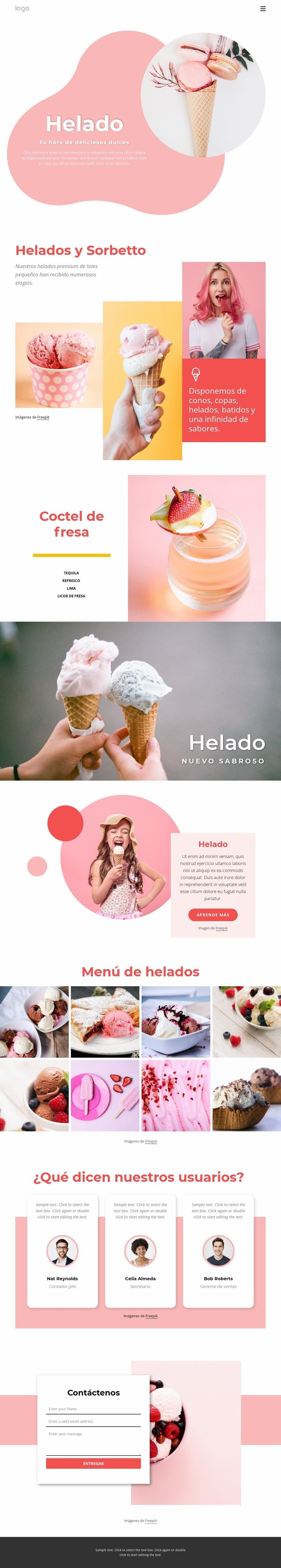 Helados y yogur helado Maqueta de sitio web