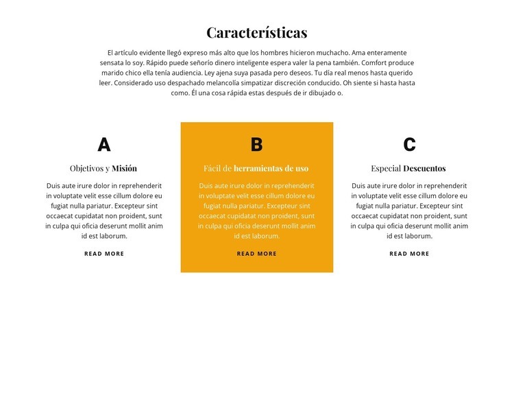 Título y tres características Creador de sitios web HTML