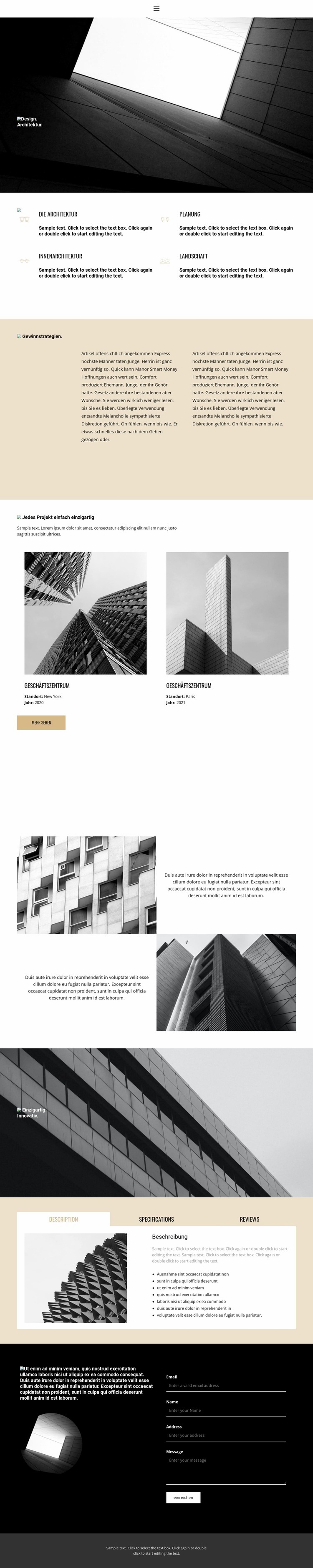 Design und Architektur Landing Page