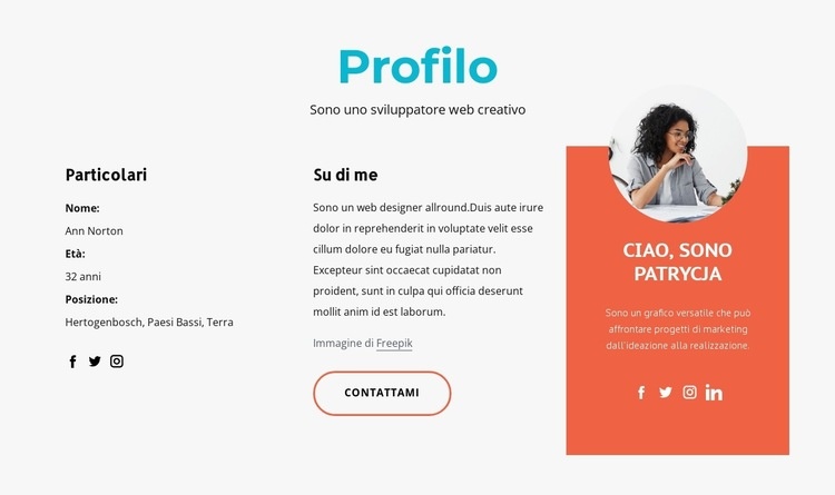 Profilo del designer creativo Costruttore di siti web HTML