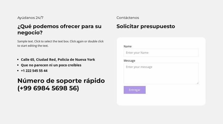 Información de texto y formulario de contacto Creador de sitios web HTML