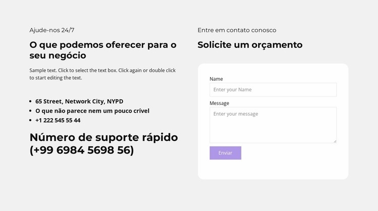 Informações de texto e formulário de contato Design do site