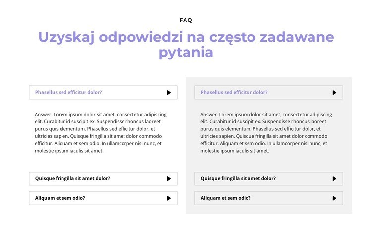 Pytania w dwóch kolumnach Makieta strony internetowej