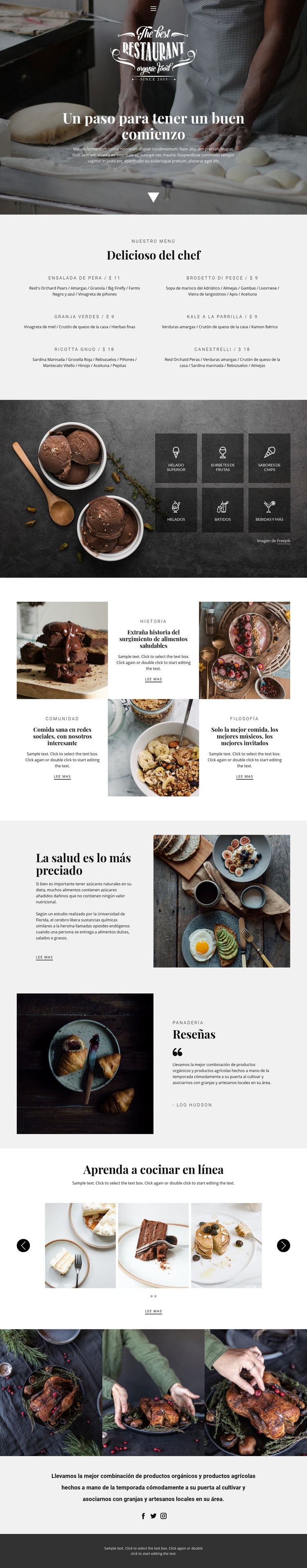Recetas y lecciones de cocina Maqueta de sitio web