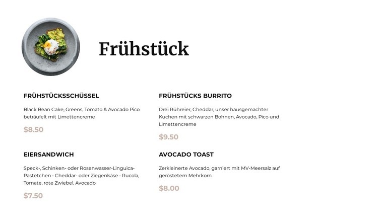 Frühstücksmenü Website Builder-Vorlagen