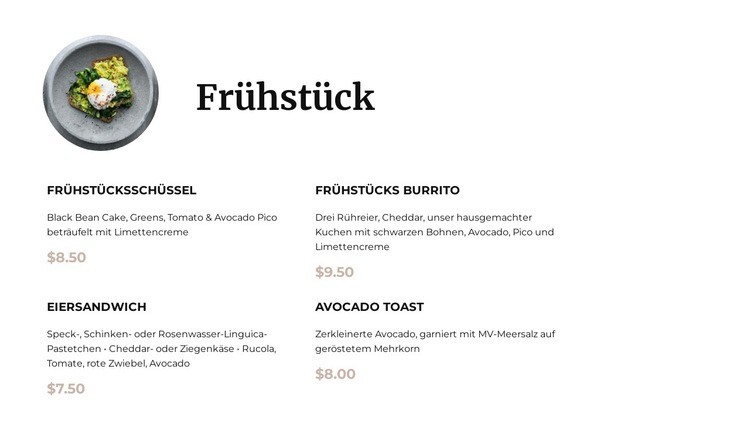 Frühstücksmenü Website design