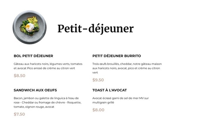 Menu du petit déjeuner Modèle d'une page