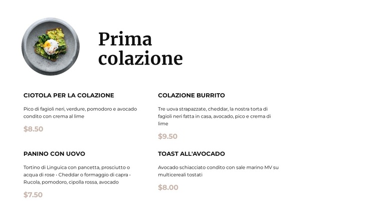 Menu colazione Tema WordPress