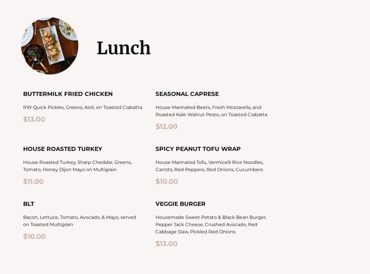 Our lunch menu Joomla Page Builder