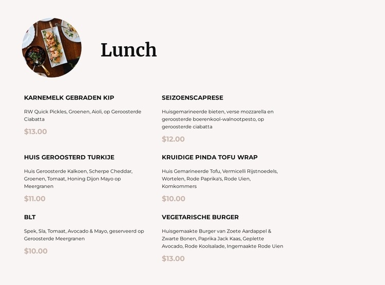 Onze lunchkaart Website Builder-sjablonen