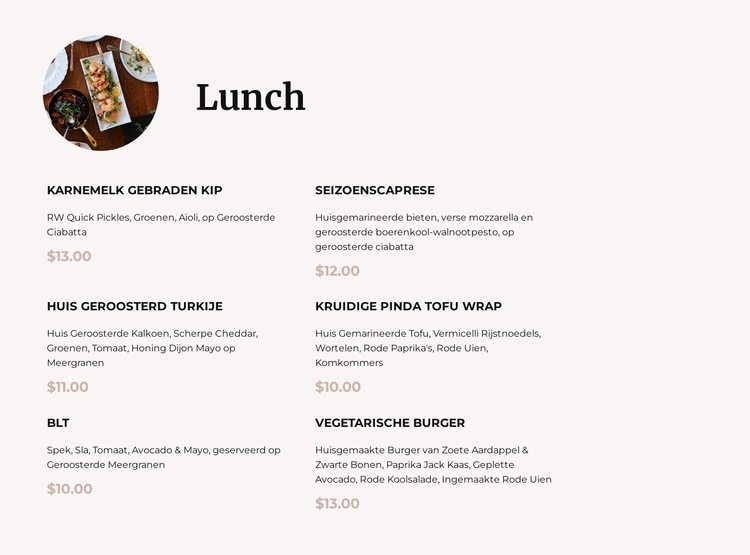 Onze lunchkaart Website sjabloon